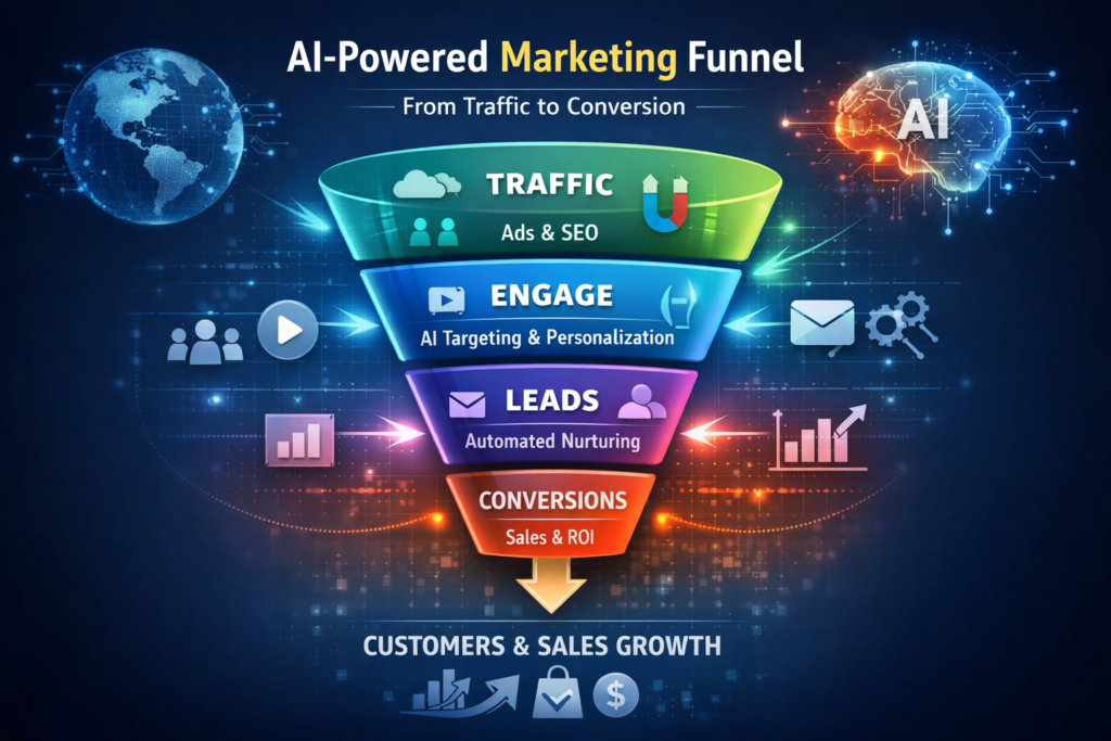 AI-powered marketing funnel showing traffic acquisition, lead nurturing, and conversion optimization using automation